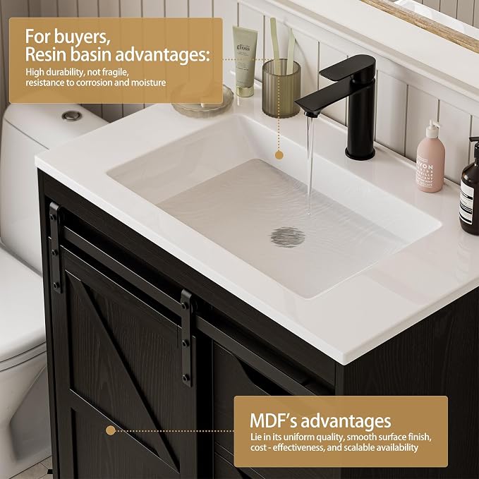 SUNTAGE Bathroom Vanity with Sink, Freestanding Farmhouse Bathroom Storage Cabinet with 3 Drawers & Sliding Door, White Resin Basin Vanity Combo Set (Wood Grain Black, 30")