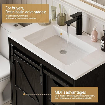 SUNTAGE Bathroom Vanity with Sink, Freestanding Farmhouse Bathroom Storage Cabinet with 3 Drawers & Sliding Door, White Resin Basin Vanity Combo Set (Wood Grain Black, 30")