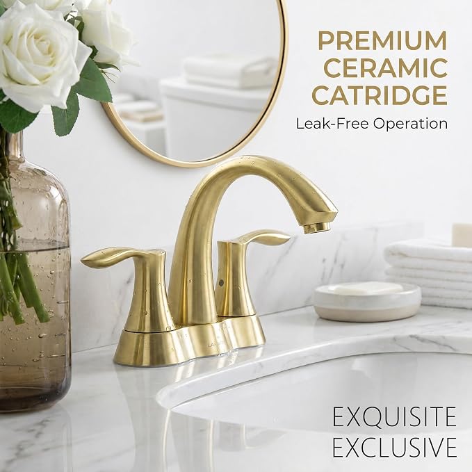 Brushed Gold Bathroom Faucet 3 Hole, 2 Handle Bathroom Sink Faucet, 4 Inch Centerset Bathroom Faucet with Drain Assembly, BF423-SG