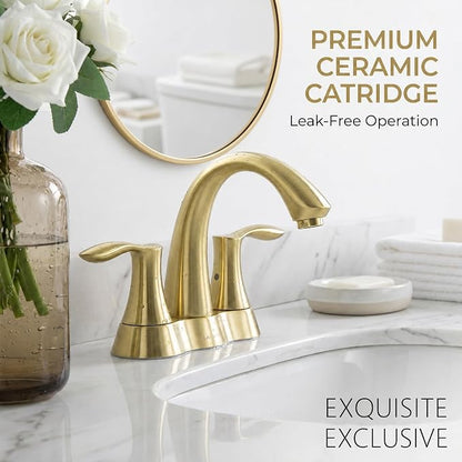 Brushed Gold Bathroom Faucet 3 Hole, 2 Handle Bathroom Sink Faucet, 4 Inch Centerset Bathroom Faucet with Drain Assembly, BF423-SG