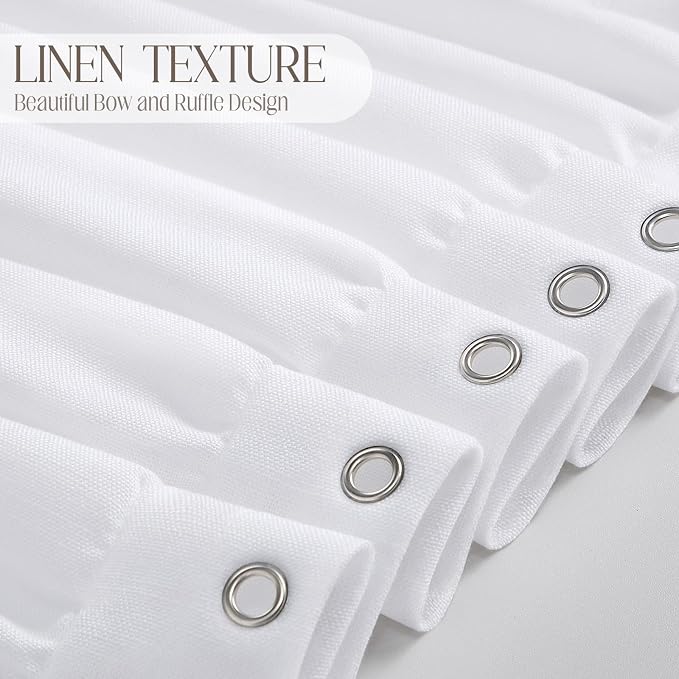 Cute White Ruffle Shower Curtain Vintage Farmhouse Linen 72" W x 90" H | Linen Blend Fabric, Ruffle Bow and Ruffled Hem，Linen Texture，Machine Washable，12 Metal Holes and Plastic Hooks