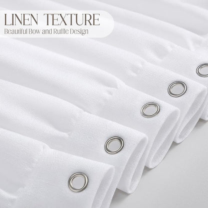 Cute White Ruffle Shower Curtain Vintage Farmhouse Linen 72" W x 90" H | Linen Blend Fabric, Ruffle Bow and Ruffled Hem，Linen Texture，Machine Washable，12 Metal Holes and Plastic Hooks