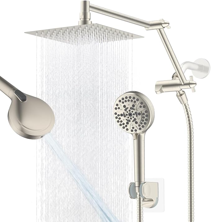 Metal Rain Shower Head with Handheld, 8” High-Pressure Showerhead,10-Mode | Brushed Nickel, Rainfall Shower Head with 5" Large Handheld, Adjustable 16" Shower Extension Arm/71" Hose, 3-Way Diverter
