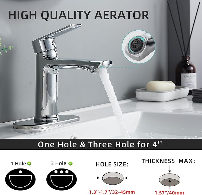 BELZ Chrome Bathroom Faucet, Lead-Free 1 or 3 Hole (4") Vanity Sink Faucet | NSF372 Compliant, Anti-corrosion Coating, 6'' Single Handle Sink Faucet with pop-up drain & hot/cold hoses, Easy DIY Install