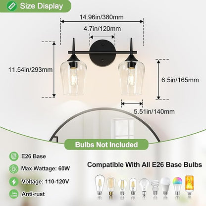 2-Light Bathroom Light Fixtures, Black Vanity Lights for Bathroom with Clear Glass, Bathroom Lighting Fixtures Over Mirror, Modern Wall lamp for Cabinet Hallway