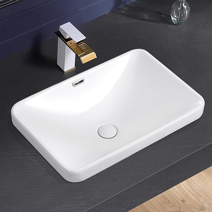Vessel Sink 23"x16" Semi Recessed Bathroom Sink Drop-in White Bathroom Sink Porcelain Ceramic Modern Rectangular Sinks Drop-in Vanity Sinks with Overflow for Bathrooms