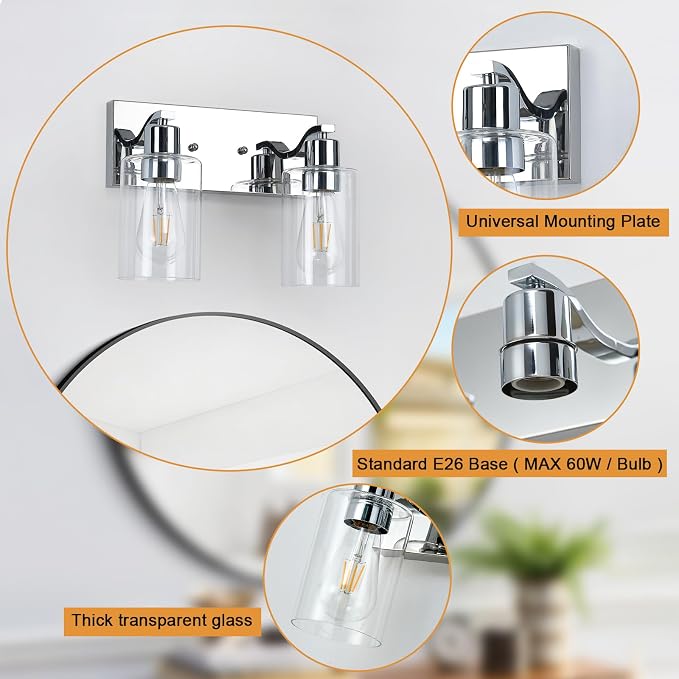 2 Lights Bathroom Light Fixtures Chrome Vanity Light with Clear Glass Shade 13in Modern Bathroom Lighting Fixtures Over Mirror for Bedroom/Living Room