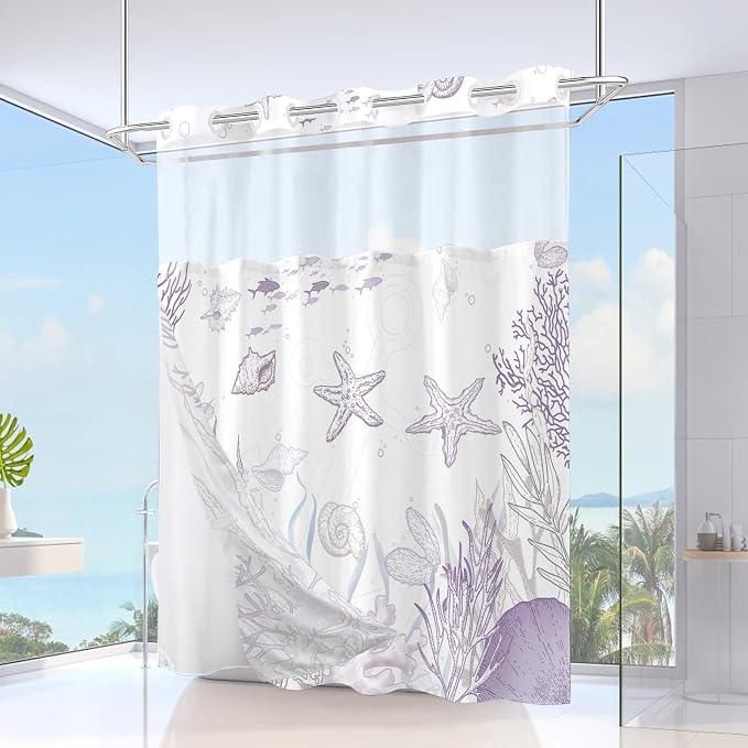 No Hook Shower Curtain and Liner Set, Purple Beach Coastal 71x84 | Nautical Ocean for Bathroom, with Snap in Liner Replacement, Mesh Top Window, Waterproof, Machine Washable, Quick-Drying