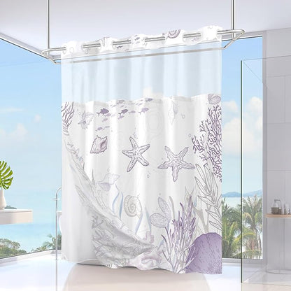 No Hook Shower Curtain and Liner Set, Purple Beach Coastal 71x84 | Nautical Ocean for Bathroom, with Snap in Liner Replacement, Mesh Top Window, Waterproof, Machine Washable, Quick-Drying
