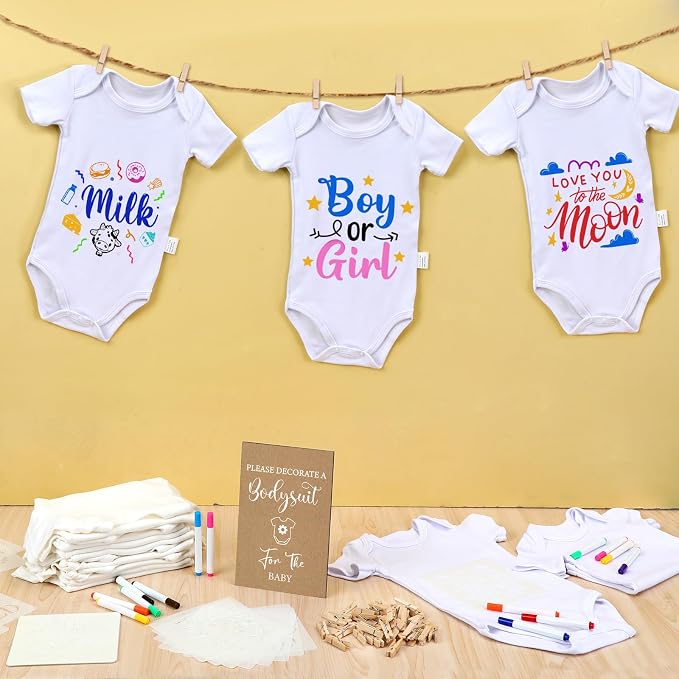 Panitay 126 Pcs Baby Shower DIY Bodysuit Set Bib 25 Blank White Newborn Bodysuit 25 Stencils 24 Marker 1 Sign 50 Pins(Kraft)