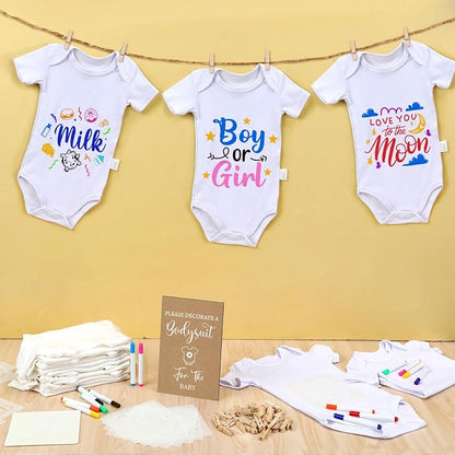 Panitay 126 Pcs Baby Shower DIY Bodysuit Set Bib 25 Blank White Newborn Bodysuit 25 Stencils 24 Marker 1 Sign 50 Pins(Kraft)
