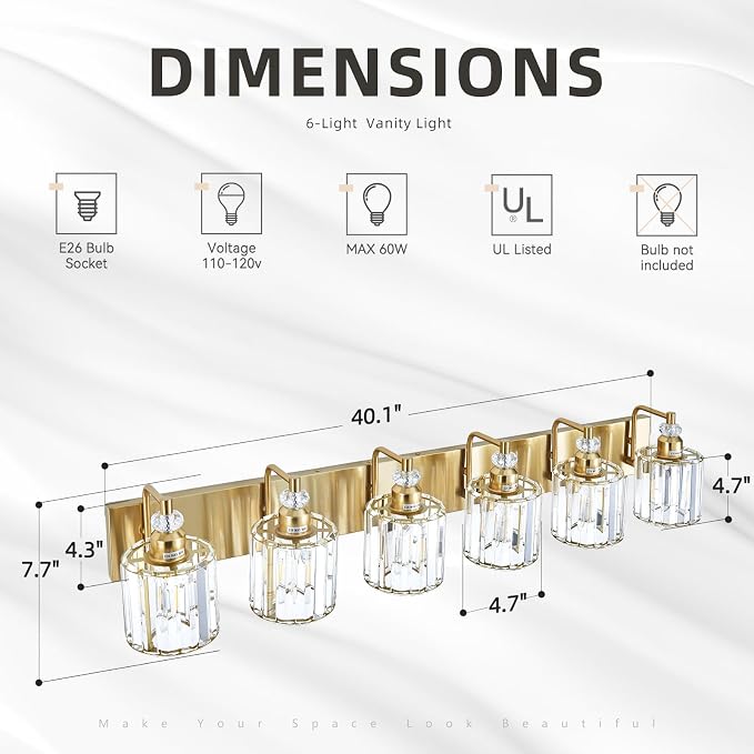 6-Light Modern Vanity Lights Brushed Brass Bathroom Light Fixtures Over Mirror Gold Bathroom Vanity Lighting with Crystal Shade E26 Base Wall Sconce for Bedroom Living Room Restroom Wall Lamp