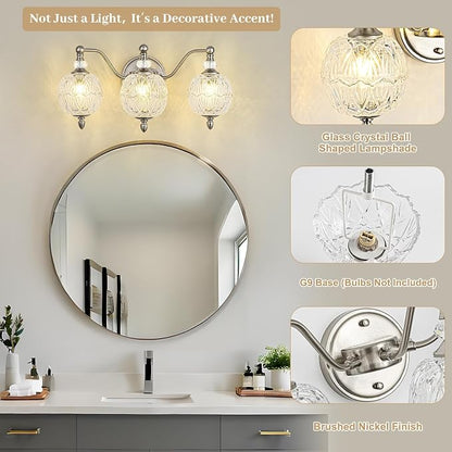 Brushed Nickel Bathroom Vanity Light, 3-Light Mid Century Modern Brushed Nickel Finish Wall Sconce with Globe Glass Shades, Modern Mirror Light for Bathroom, Powder Room