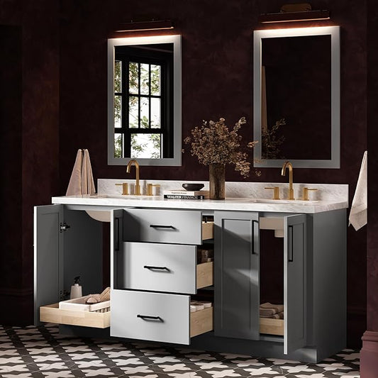 ARIEL Loren 72-inch Bathroom Vanity with Sink,Solid Wood, 1.5-inch Italian Carrara Marble Countertop, Double Rectangular Porcelain Sink, 4 Soft Closing Doors, 3 Dovetail Drawers, Grey