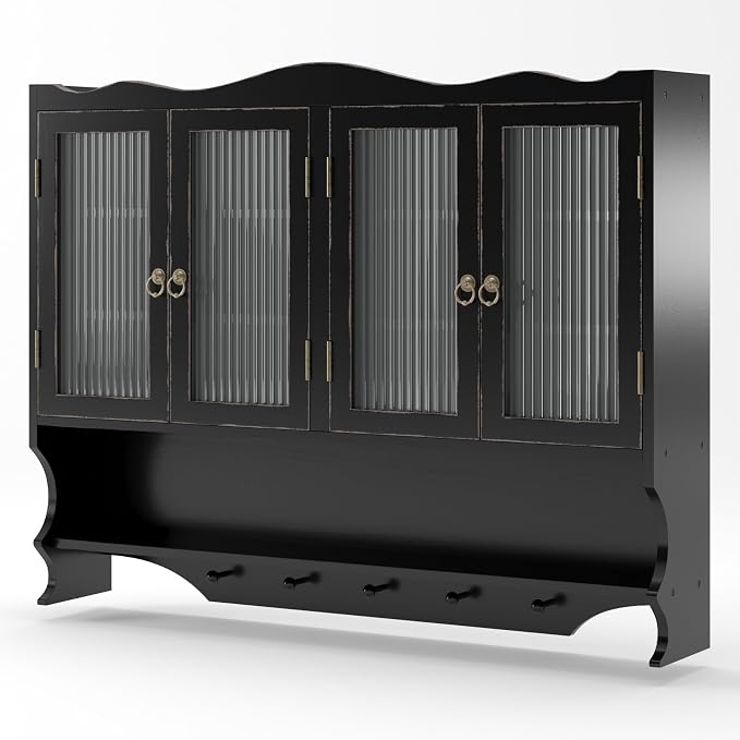 KEIKI 39.37" L Wall Mounted Kitchen Sideboard Cabinet with 4 Glass Door, 5 Hook Rack, 4 Layers Shelves, Retro Storage Buffet Medicine Cabinet for Bathroom, Dining Rooms, Entryway, Solid Wood, Black