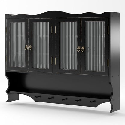 KEIKI 39.37" L Wall Mounted Kitchen Sideboard Cabinet with 4 Glass Door, 5 Hook Rack, 4 Layers Shelves, Retro Storage Buffet Medicine Cabinet for Bathroom, Dining Rooms, Entryway, Solid Wood, Black