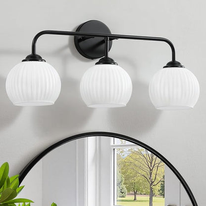 RUIYEY Bathroom Vanity Light Fixtures: 3-Light Lantern Black Vanity Lights for Bathroom Over Mirror, Farmhouse Wall Sconce Lighting with Frosted Milky Glass for Kitchen (Exclude Bulb)