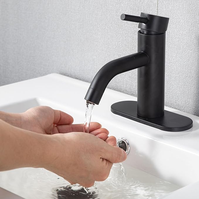 HOTIS Matte Black Bathroom Faucet, Single Hole Bathroom Sink Faucet with Pop-up Drain, Suitable for 1 or 3 Hole Installation, Single Handle for Bathroom Sink, RV and Vanity, HT-HJ-052B-D