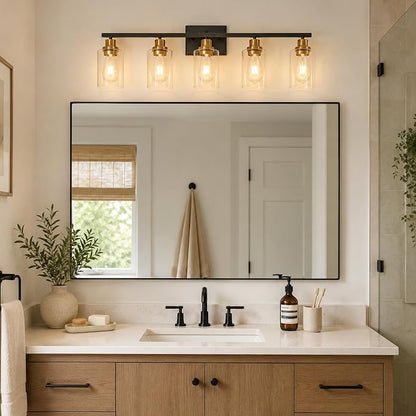 Unicozin Modern Bathroom Light Fixtures, 5 Light Vanity Lights Over Mirror, Black and Gold Wall Lamp with Clear Glass for Living Room Cabinet Bedroom Porch