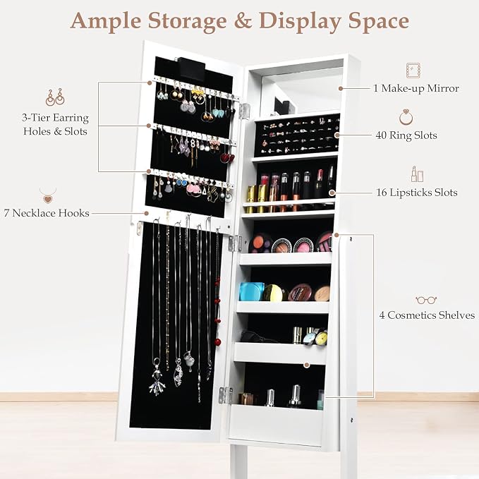 Moccha 18 LEDs Standing Jewelry Armoire, Large Lockable Jewelry Organizer, Mirrored Jewelry Cabinet with Full Length Mirror, 1 Inside Makeup Mirror, 4 Storage Shelves, 16 Lipstick Holders, White
