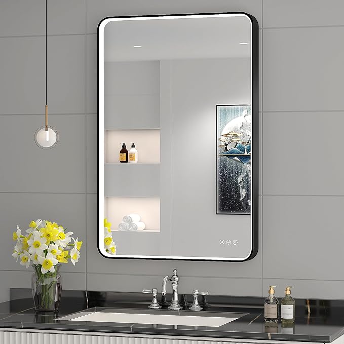 LED Mirror for Bathroom 24X36 Inch Black Framed with Anti-Fog, Stepless Dimmable, Front Lit, LED Bathroom Vanity Mirror for Wall, Memory Function, Shatter-Proof