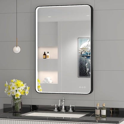 LED Mirror for Bathroom 24X36 Inch Black Framed with Anti-Fog, Stepless Dimmable, Front Lit, LED Bathroom Vanity Mirror for Wall, Memory Function, Shatter-Proof