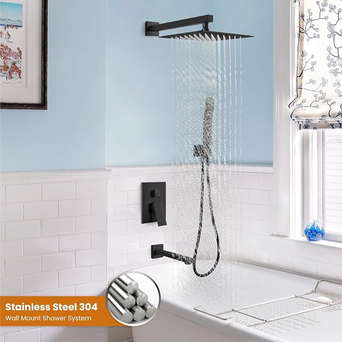 gotonovo Bathtub Shower Faucet Set, 12 Inch Shower Head, Matte Black | Wall Mounted Shower System with Tub Spout for Bathroom, Square High Pressure Rain Shower head with Handheld Spray, All Metal