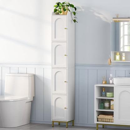 Hzuaneri 4-Tier Narrow Tall Storage Cabinet | Slim Bathroom Storage Cabinet with 4 Adjustable Feet and Shelves, for Living Room, Laundry Room, White, 11"D x 11"W x 70.9"H