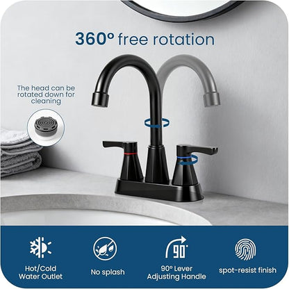 Black Bathroom Faucet 3 Hole, 4 Inch 2-Handle Centerset Bathroom Sink Faucet, Faucet for Bathroom Sink 360° Swivel Bathroom Faucets RV Lavatory Vanity Faucet with Pop-up Drain