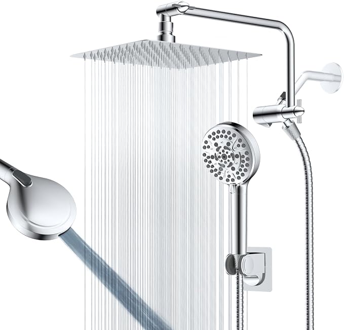 10" Metal Rainfall Shower Head with 10-Mode Handheld, Chrome | NSF/ANSI/CAN 372 Certified, High Pressure Showerhead Combo with 11" Adjustable Shower Arm, 71" Hose, Shower Head Holder