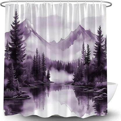 Purple Misty Forest Shower Curtain Mountain Foggy Pine Trees Landscape Watercolor Jungle Plant Rustic Nature Scenery Lake Fabric Bathroom Curtain Set with Hook