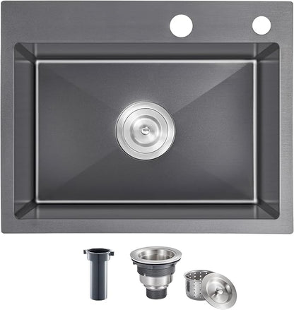 20x16 Inch Drop in Kitchen Sink, 304 Black Stainless Steel Sink | 9" Deep Single Bowl, R10 Tight Corner, 2 Pre-Drilled Holes, Topmount Installation,for Small Kitchen/RV/Bar Sink