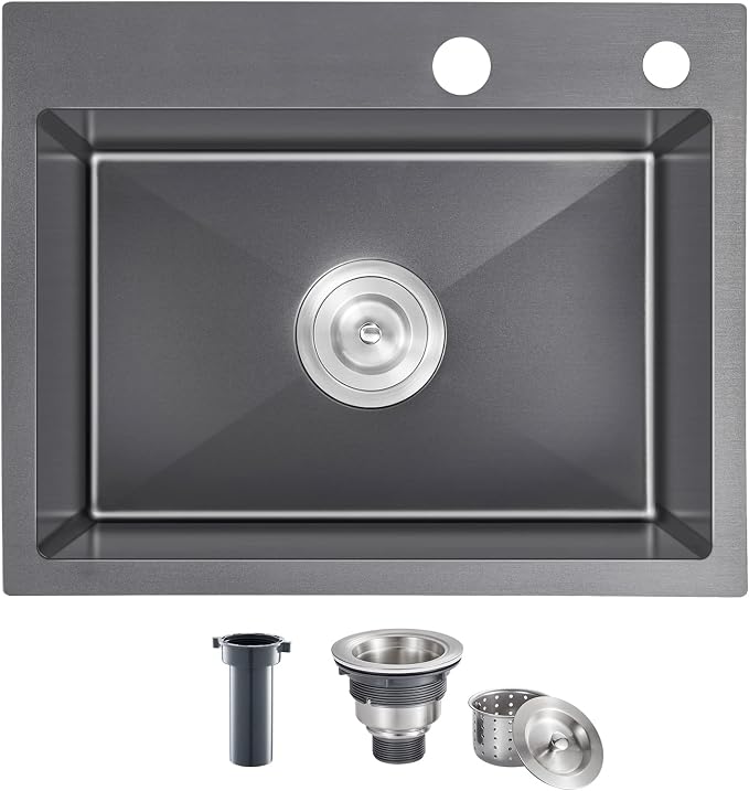 23x18 Inch Kitchen Sink,304 Stainless Steel Drop in Sink | Black Kitchen Sink,9" Deep Single Bowl ,Topmount with 2 Holes, R10 Tight Corner, for Modern Kitchen/RV/Outdoor Sink