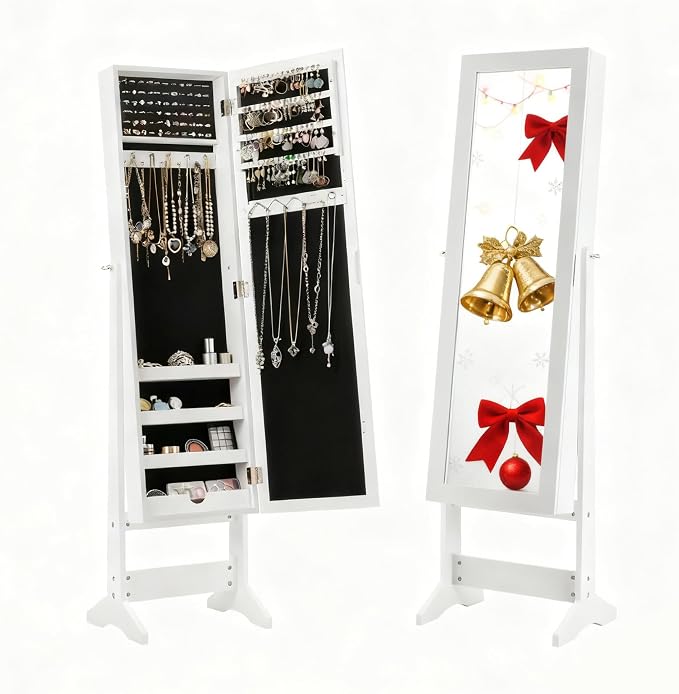 MAT EXPERT Jewelry Armoire Cabinet w/Full-Length Mirror, Jewelry Organizer Standing Mirror w/ 4 Shelves, 3 Adjustable Tilt Angles, Anti-toppling Device, Jewelry Cabinet for Bedroom, Living Room, White