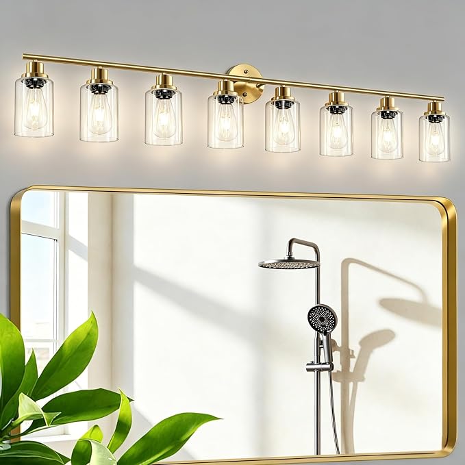 8-Light Brushed Gold Vanity Lights for Bathroom, Lighting Fixtures Over Mirror with Clear Glass Shade, Modern Kitchen Light Fixtures Wall Lamps Sconce Light - E26 Base