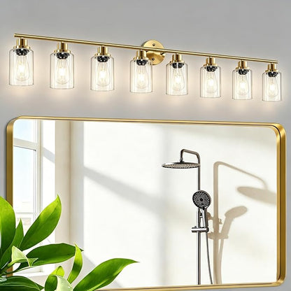 8-Light Brushed Gold Vanity Lights for Bathroom, Lighting Fixtures Over Mirror with Clear Glass Shade, Modern Kitchen Light Fixtures Wall Lamps Sconce Light - E26 Base