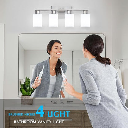 4 Light Bathroom Vanity Light Brushed Nickel Modern Bathroom Light Fixtures Nickel Vanity Lights with Eye-Friendly Milky White Frosted Glass Shades E26 Socket (Bulbs Not Included)
