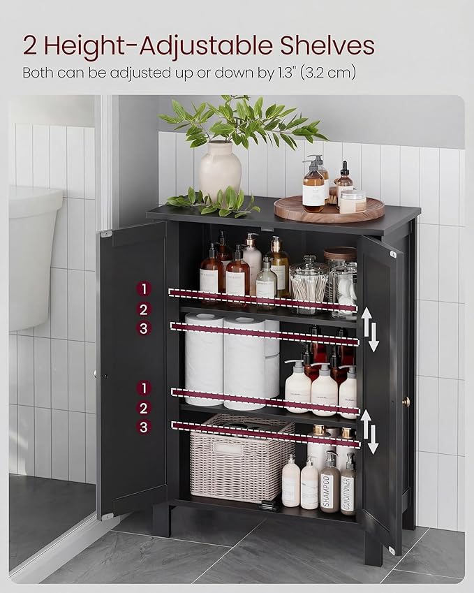 VASAGLE Floor Storage Cabinet, Freestanding Storage Unit with 2 Adjustable Shelves, for Bathroom Living Room Dining Kitchen, 11.8 x 23.6 x 31.5 Inches, Ink Black UBCB060B01