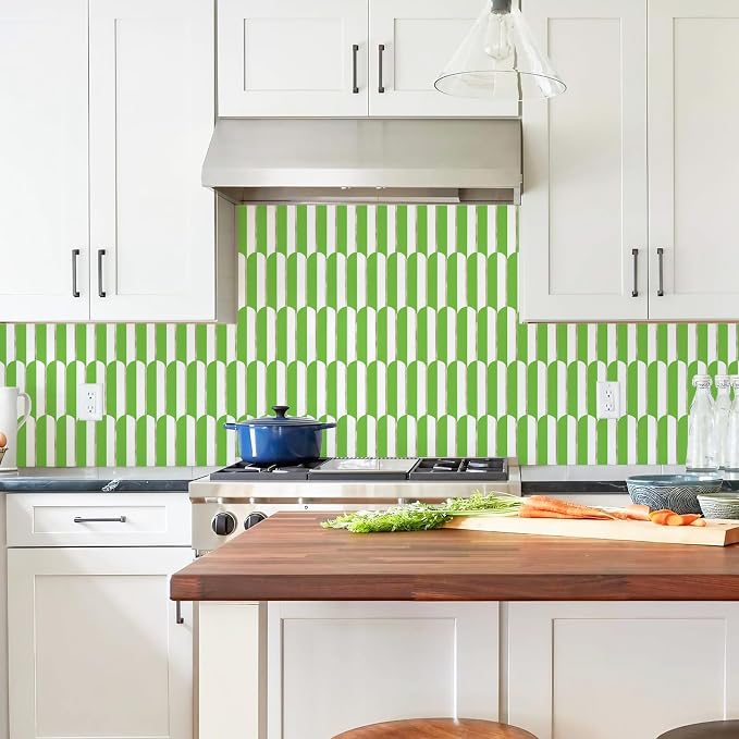 Vamos Tile Peel and Stick Backsplash Seamless Tile,Fish Scale,Matt,10-Sheet | 11.9''x10.8'',White & Grass Green PVC+Light Gold Stick on Backsplash Tile for Kitchen & Bathroom & Laundry & Camper