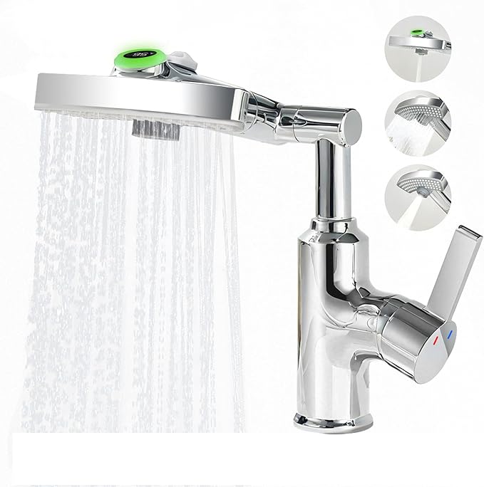 Rotatable Rain Faucet, Single Hole 360° Rotatable Bathroom Faucet, Single Handle Modern Bathroom Sink Faucet with LED Temperature Display(No Batteries) in Fahrenheit, 3 Water Modes-Chrome