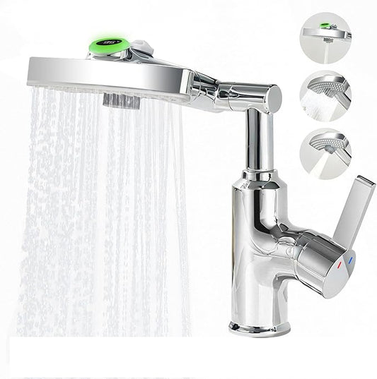 Rotatable Rain Faucet, Single Hole 360° Rotatable Bathroom Faucet, Single Handle Modern Bathroom Sink Faucet with LED Temperature Display(No Batteries) in Fahrenheit, 3 Water Modes-Chrome
