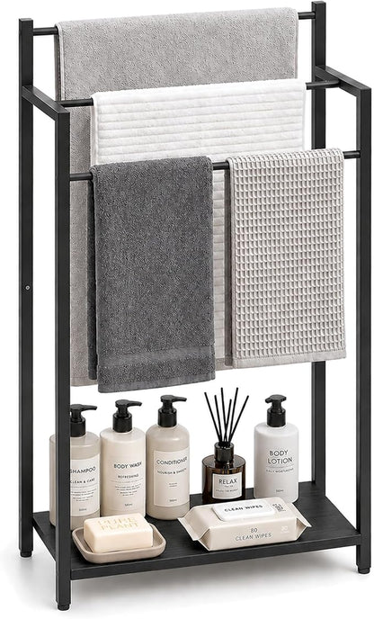 16.9" W Freestanding Towel Rack with Black Wood Shelf | 3 Tier Blanket Ladder Stand for Bathroom Living Room, Metal Frame,31.5"H x 16.9"W x7.9"D