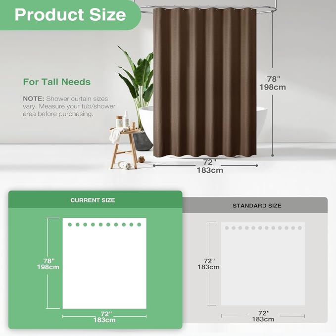 Long Waffle Shower Curtain 256 GSM Heavy Fabric 72x78 Brown | 78 Inch Long, Thick Cloth, Weighted Hem, Water Repellent, Tall Hotel Luxury Polyester Shower Curtains for Bathroom 12 Hooks