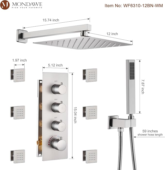 MONDAWE 12 Inch Thermostatic Shower System in Brushed Nickel, Wall Mounted Shower Head with Handheld Spray and 6 Body Jets, High Pressure Bathroom Shower Faucet Set with Thermostatic Valve