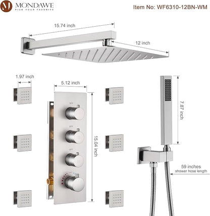 MONDAWE 12 Inch Thermostatic Shower System in Brushed Nickel, Wall Mounted Shower Head with Handheld Spray and 6 Body Jets, High Pressure Bathroom Shower Faucet Set with Thermostatic Valve