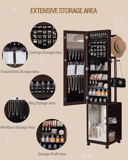 Hzuaneri 8 LEDs Jewelry Cabinet Armoire, 66.9-inch Jewelry Organizer | Lockable Full-length Mirror with Garment Rack & 4 Wheels, Storage Shelves with Hooks, 5-in-1, Brown JC17019B