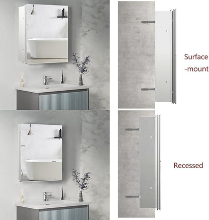 24x24 inch Medicine Cabinet Mirror with Storage, Aluminum Surface Mount or Recessed Medicine Cabinet with Adjustable Shelves for Bathroom Bedroom