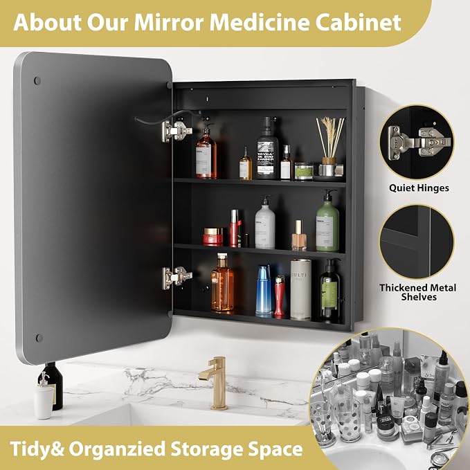 ROOMTEC 16 x 24 Inch Medicine Cabinet Mirror with LED Lights, Silver Bathroom Medicine Cabinet with Mirror and Storage, Recessed or Wall Mount, 3 Color Temperature, Dimmable Light