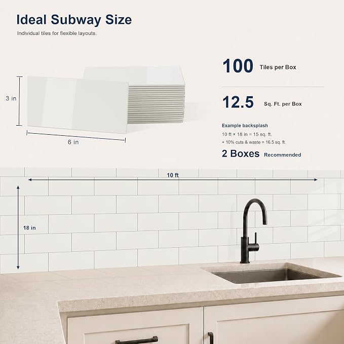 Yipscazo 2026 New Upgrade Peel and Stick backsplash 3 x 6 Inches, Backsplash Tile Peel and Stick Tile for Kitchen, Bathroom, Laundry Room, Fireplace(Polished Soft White, 100 Pieces)