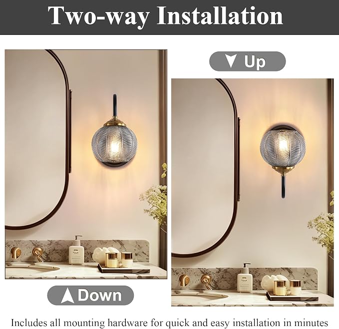 Mecgirn Bathroom Vanity Light Fixtures, 1-Light Smoky Gray Glass Shade, Modern Black and Gold Wall Sconce, Unique Textured Leaf Pattern, Ceramic E26 Sockets Wall Mounted for Mirror, Cabinet, Hallway